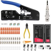 Netzwerk-Werkzeugset, RJ45-Durchgangscrimpzange für Cat7, Cat6, Cat5 mit 4 werkzeuglosen Cat7-Netzwerksteckern, Netzwerktester, 10 RJ45-Stecker, LSA-Installationswerkzeug, Reparaturwerkzeuge