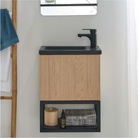 Mob-In – Meuble lave-mains suspendu métal et bois – Vasque résine 40x50cm – Système de charnières à fermeture progressive – Gain de place pour petites salles de bain