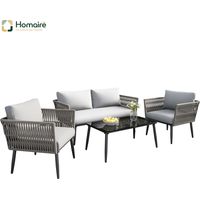 HOMAIRE Gartenlounge-Set mit bequemen Kissen : 2-Sitzer-Sofa, 2 Sessel und Couchtisch, Geflochtenes PE-Seil aus Wassergrasimitat, schwarze Glastischplatte, verzinkter Stahl, grau