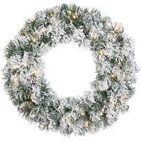Snowy Green Lit Christmas Door Wreath - Warm White Leds - 50cm Diameter