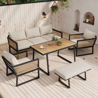 Set di mobili da giardino per 6 persone, divano a 3 posti + 2 poltrone, sgabelli e tavolo da pranzo, braccioli in corda intrecciata, acciaio zincato, beige