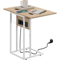 Mesa Auxiliar para Sofá con Encimera Plegable y Estación de Carga Forma de C para Salón Blanco y Natural