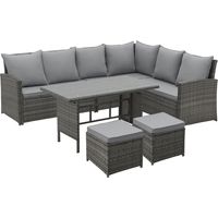 Svita – Ensemble de salon de jardin en polyrattan gris – 6 places – Dimensions 230x180x82 cm – Table avec plateau en verre 5mm – Coussins amovibles