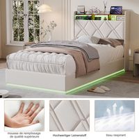 Letto adulto 90x200 cm con contenitore, LED RGB e ricarica USB/Type-C Moderno - lino - beige