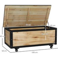 Coffre de jardin, 121 litres, 2 roues, résistant aux intempéries, charnières métalliques, bois naturel, 100 x 50 x 43 cm