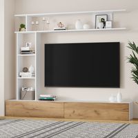 Ensemble mobilier TV blanc et bois : meuble TV 180x35x22.5cm avec vitrines, étagère au sol et murale, armoire TV posée et suspendue, compatible écrans jusqu'à 80 pouces.