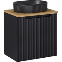 Ensemble VANO 60cm : meuble sous vasque à placards + plan pour vasque aspect chêne + vasque à poser noir mat rainurée
