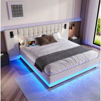 Bett Doppelbett LED 180x200 Leinen Beige USB OKMYHOME