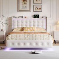 Lit Double 160x200cm, Lit Flottant avec LED & USB, Lit 2 Places avec Tête de Lit et Rangement, Sommier à Lattes, Lit, Velours, Blanc