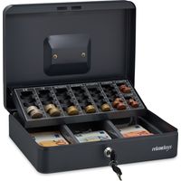 Relaxdays Caisse à monnaie, verrouillable, monnayeur, acier, 2 clés, pièces et billets, HLP : 9 x 30 x 23,5 cm, grise