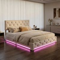 Letto matrimoniale 160x200 cm con LED regolabile, letto imbottito moderno, rete a doghe, testiera morbida, design salvaspazio