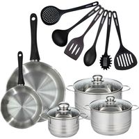 Set de 2 poêles 20 et 28 cm en inox, 3 faitouts inox 16, 20 et 24 cm et 6 ustensiles RPET Fackelmann Geneva