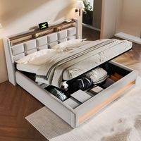 Cama baúl de 180x200 cm - con cabecero, LED, USB y almacenamiento - de lino - beige - sin colchón