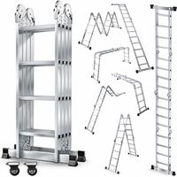 Escalera Multifuncional de Aluminio 4 x 4 Peldaños, 4,61 m de Altura de Trabajo, 7 en 1, hasta 150 kg, con 2 Ruedas de Transporte y Piezas Antideslizantes