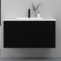 Meuble de salle de bain suspendu Strié 100cm avec poignées + simple vasque + 2 tiroirs, Noir