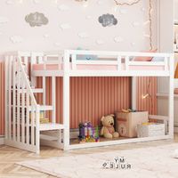 Cama infantil de 90 x 200 cm, litera baja con escalera de seguridad, estructura de madera maciza con somier de láminas, color blanco.