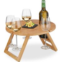 Relaxdays Mini-table portative ronde pliante, HxD : 22x39 cm, encoches pour 4 verres de vin 1 bouteille, bambou, nature