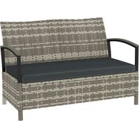 Banc de jardin 2 places en polyrattan gris foncé avec rangement, coussins et poignées, dimensions 123 x 70 x 82 cm, capacité 125 L