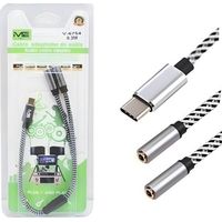 Cabo Adaptador Áudio Type-C para 2×3.5mm, 0.3M, Trançado - Preto/Branco