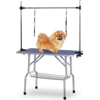 PawHut Mesa de Peluquería para Mascotas Mesa de Aseo Plegable con Estante de Almacenamiento Estructura Acero Altura Ajustable 107x60x170 cm