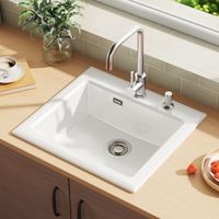 CECIPA MAX Évier de cuisine en céramique 55 x 50 cm, une cuve avec siphon et trop-plein, évier à poser de 55 cm, céramique blanche