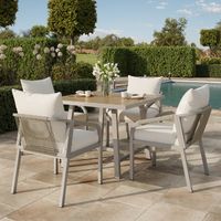 Garten-Essgruppe,Gartenmöbel-Set,Geeignet für 4 Personen, bestehend aus 1 Tisch und 4 Stühlen, verzinktem Stahlrohr, Tischplatte aus Kunststoffholz, geflochtenem Seildesign, Khaki + Beige