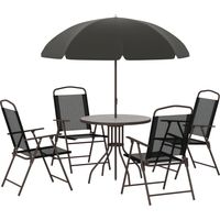Conjunto de muebles de jardín de 6 piezas: mesa redonda + 4 sillas plegables + sombrilla. Estructura de acero con revestimiento epoxi, tejido textilene de poliéster color café y detalles en negro.