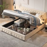 Letto contenitore 180x200 cm, letto 180x200 cm, 2 cassetti ai piedi del letto, testiera con bottoni, velluto, contenitore idraulico, rete a doghe - Beige