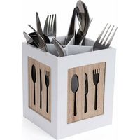 Boîte à couverts en bois - Panier à couverts pour cuillère, fourchette, couteau - Range-couverts décoratif avec motif couverts - Pour table à manger, cuisine, restaurant - Blanc