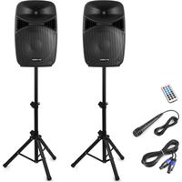 Paire d'enceintes 15" avec ampli intégré – 1000W max – Bluetooth – Lecteur USB/SD – Égaliseur 5 bandes – Trépieds et micro inclus – Kippen