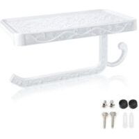 Soporte de pared para papel higiénico de baño: soporte con plataforma de almacenamiento, color blanco, diseño moderno y práctico.