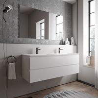 BERNSTEIN - Meuble double vasque suspendu MDF Blanc mat, 2 lavabos fonte Blanc mat + trous robinets - 160x46x50cm - AVA CREAM