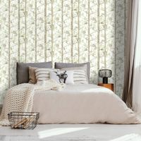 Green Woodland Tree Wallpaper Squirrel Birds Gold Metallic Non-Woven Grizedale