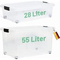 Novaliv Lot de 2 boîtes de rangement avec couvercle, transparentes, 1x 55 L + 1x 28 L, emboîtables, empilables, fermeture à clip, boîtes à roulettes