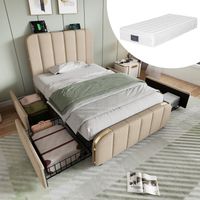 Letto singolo imbottito, testiera imbottita con strisce decorative dorate e funzione di ricarica USB Type-C, 90200 cm, materiale in lino beige con 4 cassetti (materasso incluso)