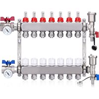 Kit Collecteur Radiateur, 7 Circuits Distributeur Chauffage, avec Thermomètreavec, avec Eurocône 3/4 (20 x 2 mm), Vannes à Boisseau Sphérique 1", avec Purgeur Manuel et Débitmètre, Distributeur HKV