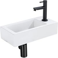QeramiQ Fontein Fonteinset - 37.5x18.5x9cm - céramique - trou de robinet droite - robinet lave-mains noir mat - bonde de vidage - siphon abaissé -
