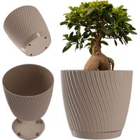 KADAX Pot de fleurs avec soucoupe - En forme de vague en trois dimensions - En plastique - Pot décoratif pour fleurs, cactus et herbes (23 cm, marron)