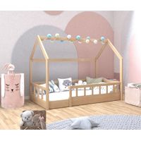 Hobag – Lit cabane enfant 90 x 190 cm – Structure en pin naturel – Avec sommier et barrières – Design épuré pour chambre d'enfant