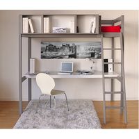 Hochbett LOU 90x190 + 1 Bettkasten + Schreibtisch + Aufbewahrung 3 Nischen / Grau Taupe/ 199x151x195