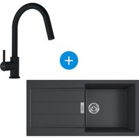 Franke S2D Fregadero 100×50cm 1 seno con escurridor, Tectonite, Onyx + Grifo monomando con ducha extraíble, Negro mate