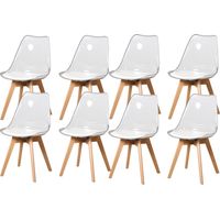 8 Chaises Tulipes Salle à Manger Scandinaves Bm Home Salle de Bureau, Pieds Bois de Hêtre Massif, Transparente, Assise Blanche