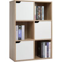 Mondeer – Bibliothèque étagère de rangement 6 compartiments – 3 ouverts et 3 avec portes – Dimensions 60.5 x 30.3 x 90 cm – Chêne et blanc