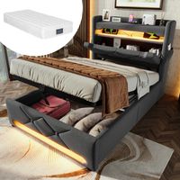Łóżko tapicerowane 90x200 LED USB schowek materac szare