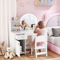 Table de maquillage pour fille Table de maquillage pour enfant avec tabouret et miroir avec lumières LED 1 tiroir d‘armoire et 5 étagères Blanc