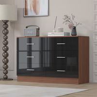 Reflect Wide 6 Drawer Chest - Black Gloss & Walnut - Modern Bedroom Storage Unit with Drawers