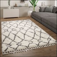 Paco Home Hochflor Teppich Wohnzimmer Shaggy Skandinavisch Fransen Flauschig Modern 60x100 cm, Creme