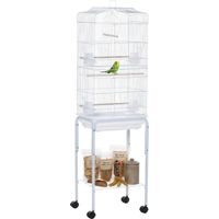 Gabbia uccelli per pappagallini, fringuelli, canarini, parrocchetti, con supporto ruote, vassoio estraibile, accessori, ripiano, bianca 46,5x36x157 cm