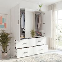 Armario blanco moderno 130x52x181,5 cm con gran espejo y LED - Armario ropero vestidor 2 puertas batientes, 4 cajones y barra de colgar