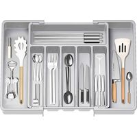 Expandable Utensil Tray for Drawer, Cutlery Organizer, Drawer Organizer for Kitchen, Plastic Storage Holder for Cutlery, Spoons, Forks, Etc, Grey